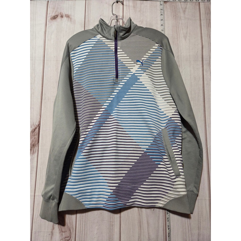 Puma Women Quarter Zip Pullover Sweatshirt Gray Blue Size L Pouch Pocket